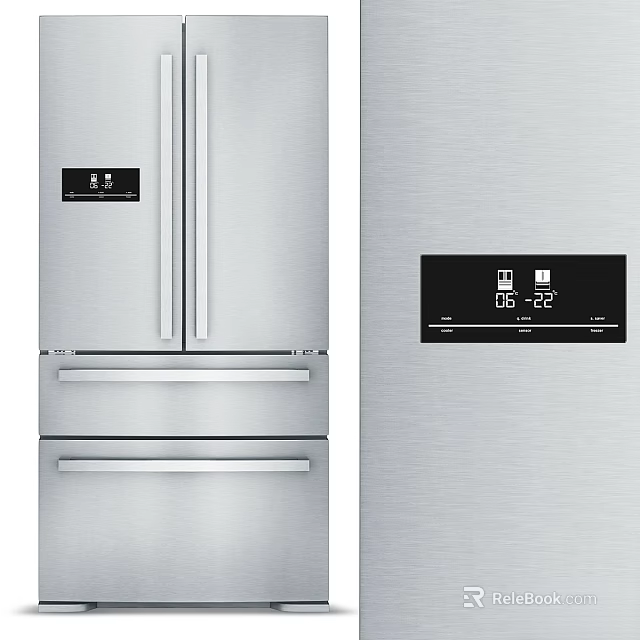 Stainless Steel Double Door Refrigerator With Bottom Drawers And Digital Display Panel 3d model 