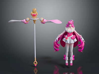 Fantasy Game Movie Female Character With Long Pink Hair White Pink Outfit Heart Decor Staff 3d model