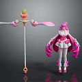 Fantasy Game Movie Female Character With Long Pink Hair White Pink Outfit Heart Decor Staff