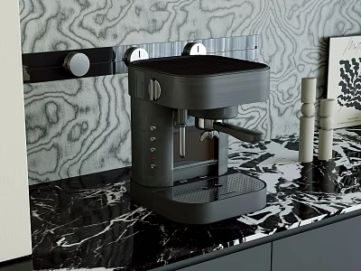 Stylish Black Coffee Machine On Black Marble Countertop With Textured Wall 3d model