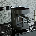 Stylish Black Coffee Machine On Black Marble Countertop With Textured Wall