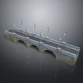Detailed Stone Bridge Model With Multiple Arches And Street Lamps On Sides