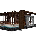 Modern Wooden Pergola Design with Circular Window Brick Walls Palm Trees and Green Lawn