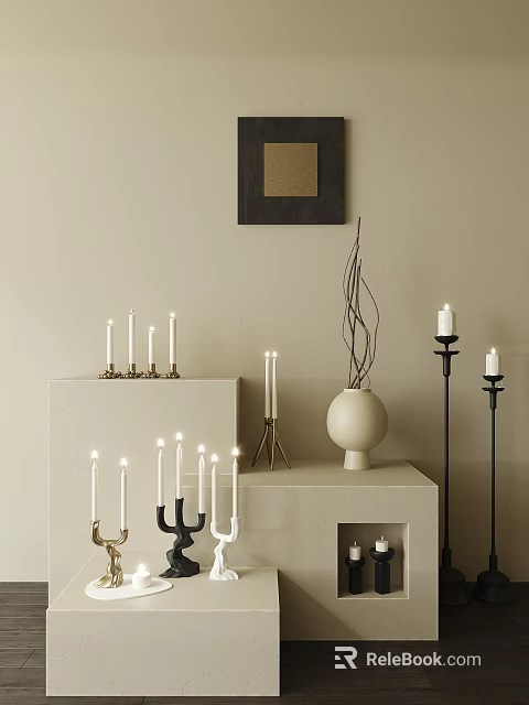 Modern Minimalist Decorative Ornament Set With Candles Candle Holders Vase And Twigs 3d model 