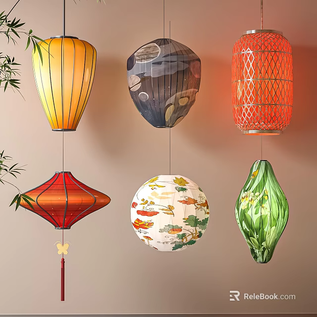 Colorful Chinese Lanterns in Various Shapes and Patterns with Vibrant Colors for Festive Decor 3d model 