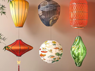 Colorful Chinese Lanterns in Various Shapes and Patterns with Vibrant Colors for Festive Decor 3d model
