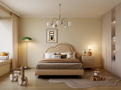 Cozy Beige Kids Bedroom With Chandelier Toys Window Nightstand And Decorative Painting 3d model