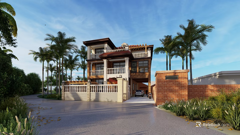 Two Story Detached Villa With Balconies Palm Trees And Paved Driveway 3d model 