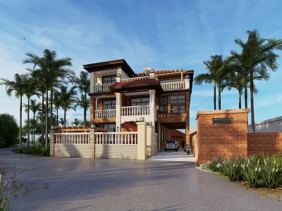 Two Story Detached Villa With Balconies Palm Trees And Paved Driveway 3d model
