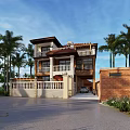 Two Story Detached Villa With Balconies Palm Trees And Paved Driveway