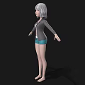 Woman with silver hair in gray jacket white top blue shorts barefoot on black background