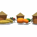 Fresh Vegetables Display with Pumpkins Corn Watermelon Straw Baskets and Carts