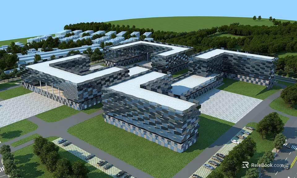 Aerial View Planning of Modern Building Complex With Connected Structures Green Spaces and Parking Areas 3d model 