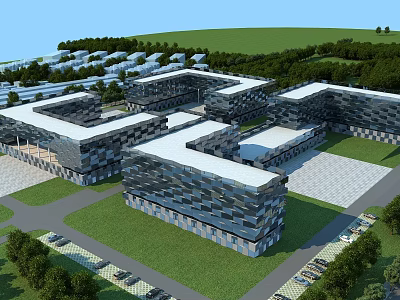 Aerial View Planning of Modern Building Complex With Connected Structures Green Spaces and Parking Areas 3d model