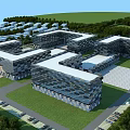 Aerial View Planning of Modern Building Complex With Connected Structures Green Spaces and Parking Areas