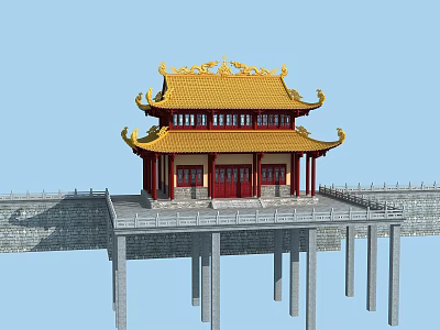 Ancient Chinese Architecture With Yellow Glazed Roof Ornate Eaves Red Columns And Stone Platform 3d model