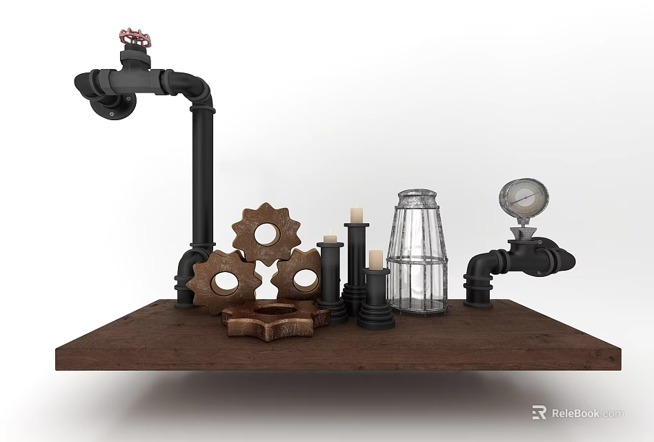 Vintage Industrial Decorative Ornament Set with Black Pipes Gears Candles Glass Jar on Display Stand 3d model 