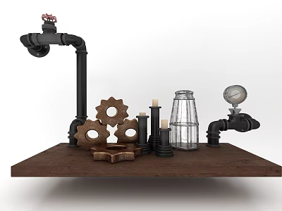 Vintage Industrial Decorative Ornament Set with Black Pipes Gears Candles Glass Jar on Display Stand 3d model