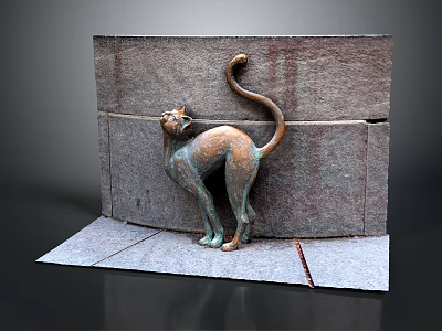 Bronze Cat Sculpture With Curled Tail Standing Against Rustic Stone Wall 3d model