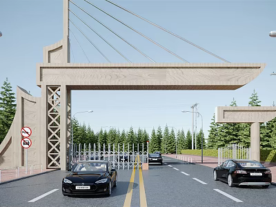 Classic Stone Archway Structure With Green Trees And Black Cars On City Road 3d model