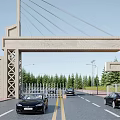 Classic Stone Archway Structure With Green Trees And Black Cars On City Road