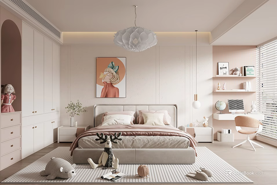 Cozy Kids Room With Bed Pendant Light Bookshelf Rug And Plush Toys 3d model 