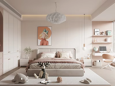 Cozy Kids Room With Bed Pendant Light Bookshelf Rug And Plush Toys 3d model