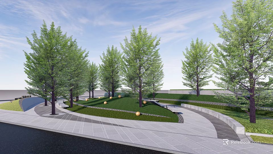 Park Landscape With Lush Green Trees Circular Lawn Curved Pathway And Decorative Balls 3d model 