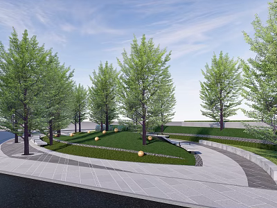 Park Landscape With Lush Green Trees Circular Lawn Curved Pathway And Decorative Balls 3d model
