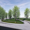 Park Landscape With Lush Green Trees Circular Lawn Curved Pathway And Decorative Balls