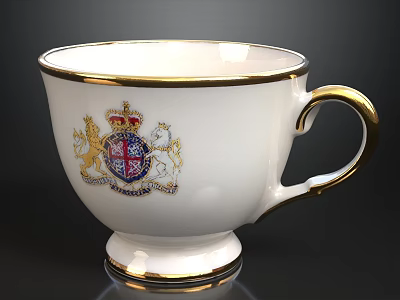 White Ceramic Cup With Gold Trim And Royal Crest Featuring Lion Unicorn And Crown 3d model