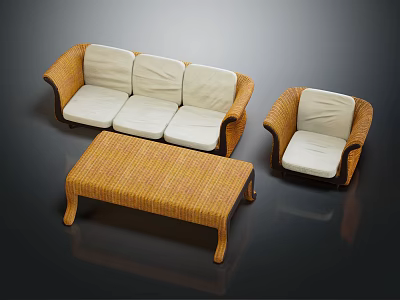 Modern Wicker Sofa Coffee Table Set With White Cushions And Armchair 3d model