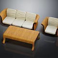Modern Wicker Sofa Coffee Table Set With White Cushions And Armchair