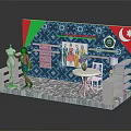 Display Showcase Shelves With Mannequin Doll Figure And Fashion Posters On Colorful Patterned Wall