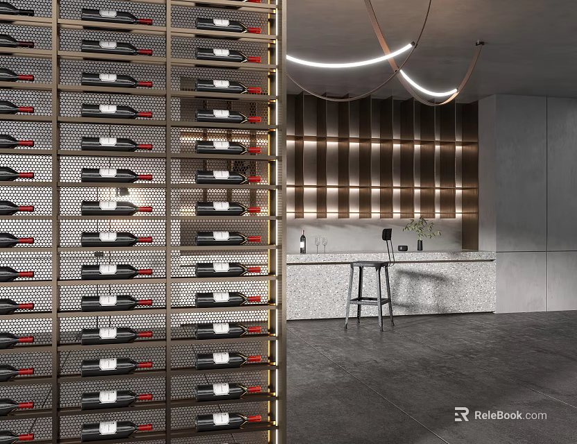 Modern Wine Rack With Organized Bottles And Bar Counter Lighting Interior 3d model
