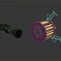 Futuristic Black Cylindrical Device And Circular Mechanical Component With Yellow Stripes