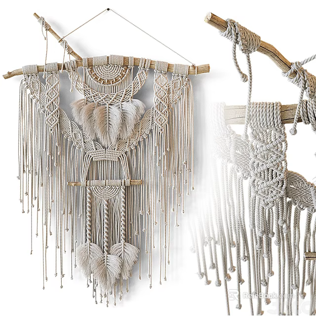 Bohemian Style Macrame Wall Hanging With Feather Decor And Wooden Dowel 3d model 