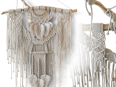 Bohemian Style Macrame Wall Hanging With Feather Decor And Wooden Dowel 3d model
