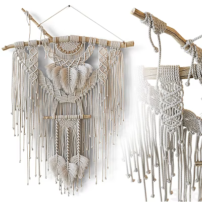 Bohemian Style Macrame Wall Hanging With Feather Decor And Wooden Dowel 3d model