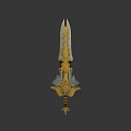 Ornate Fantasy Sword With Decorative Golden Accents Silver Details And Sharp Blade