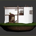 Circular Miniature Scene Model With White Walls Brown Frames Cabinets Shelves And Green Base