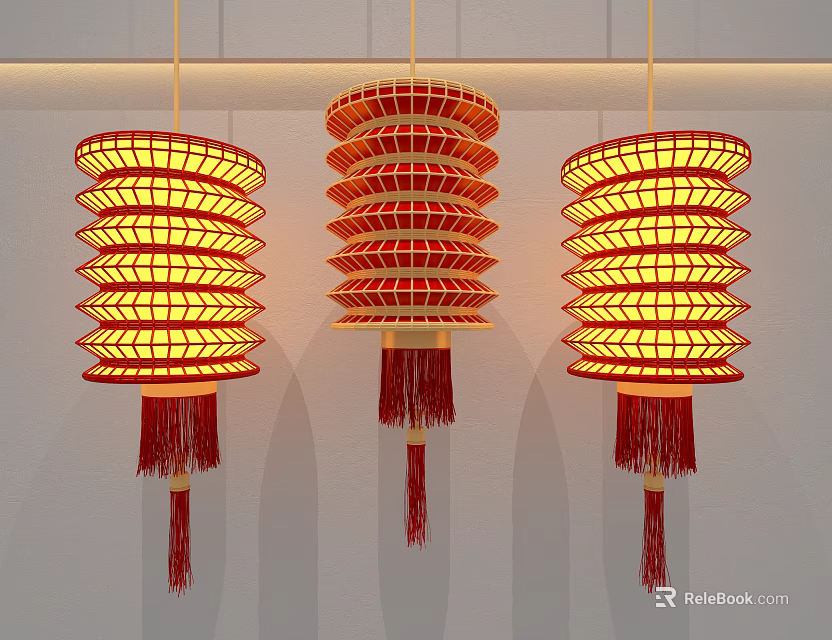 Traditional Red Lanterns With Grid Design Yellow Light And Red Tassels Hanging On White Wall 3d model 
