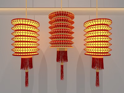 Traditional Red Lanterns With Grid Design Yellow Light And Red Tassels Hanging On White Wall 3d model