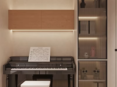 Modern Piano Room Interior With Piano Sheet Music And Cabinets 3d model