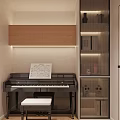 Modern Piano Room Interior With Piano Sheet Music And Cabinets