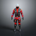 Game And Movie Character Wearing Red Black Tactical Outfit With Blue Stripes Helmet Armored Vest