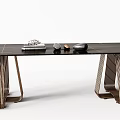 Modern Dining Table With Dark Surface Unique Striped Metal Legs And Decorative Items 3d model
