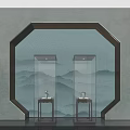 Cultural Art Exhibition Hall Featuring Octagonal Window Mountain Landscape And Porcelain Display Cases
