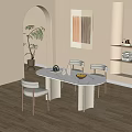 Modern Dining Table Set With Oval Marble Top White Legs And Four Beige Cushioned Chairs