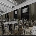 Elegant Banquet Hall With Round Tables White Tablecloths Chair Covers Chandeliers And Marble Walls